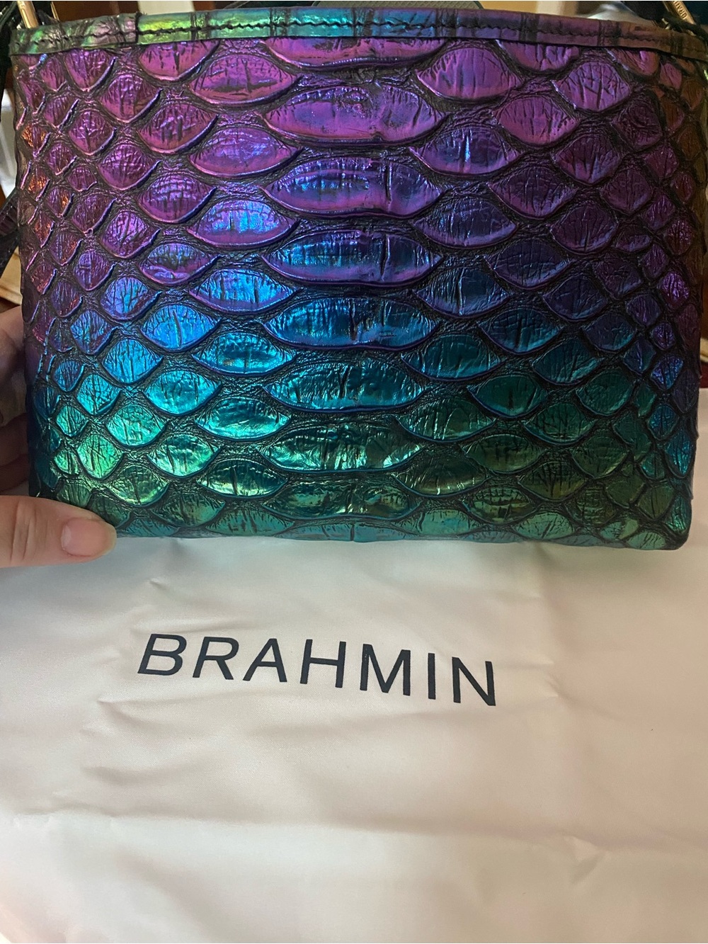 Brahmin Iridescent Embossed Leather Shoulder Bag in Green Blue Purple - Picture 4 of 10